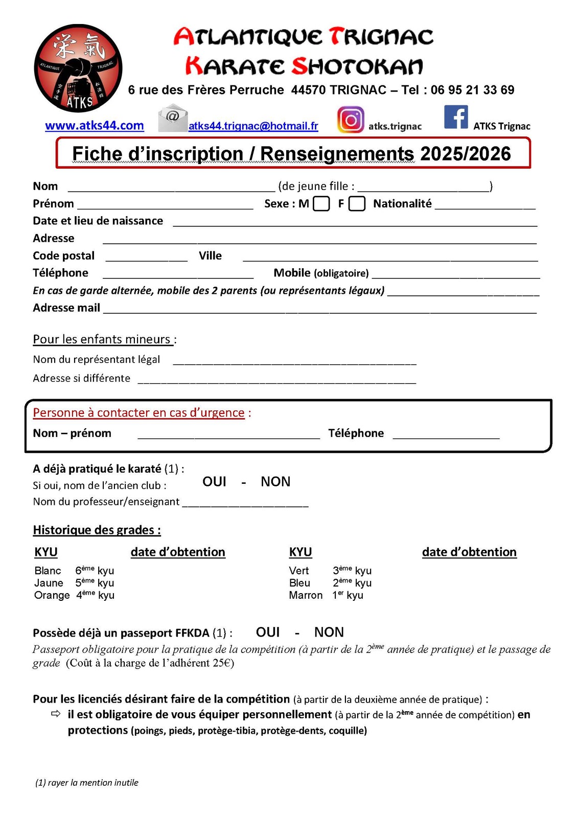 Fiche d'inscription ATKS 2025-2026